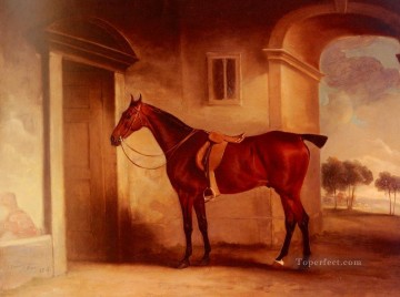  pferd - ein Saddled Bay Hunter in einem Stableyard Pferd John Ferneley Snr